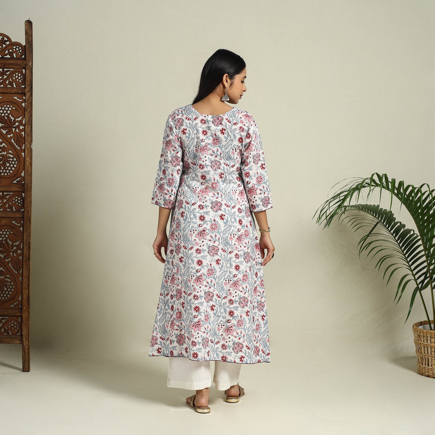Buy White Block Print Cotton A-Line Sanganeri Kurta for Women