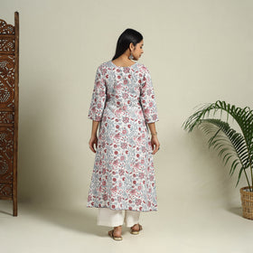 Buy White Block Print Cotton A-Line Sanganeri Kurta for Women