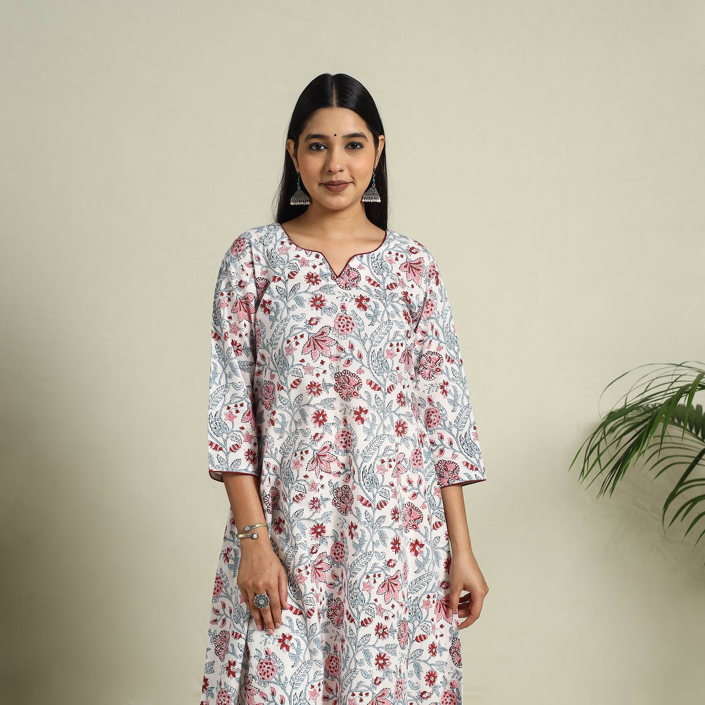 Buy White Block Print Cotton A-Line Sanganeri Kurta for Women
