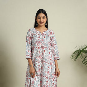Buy White Block Print Cotton A-Line Sanganeri Kurta for Women