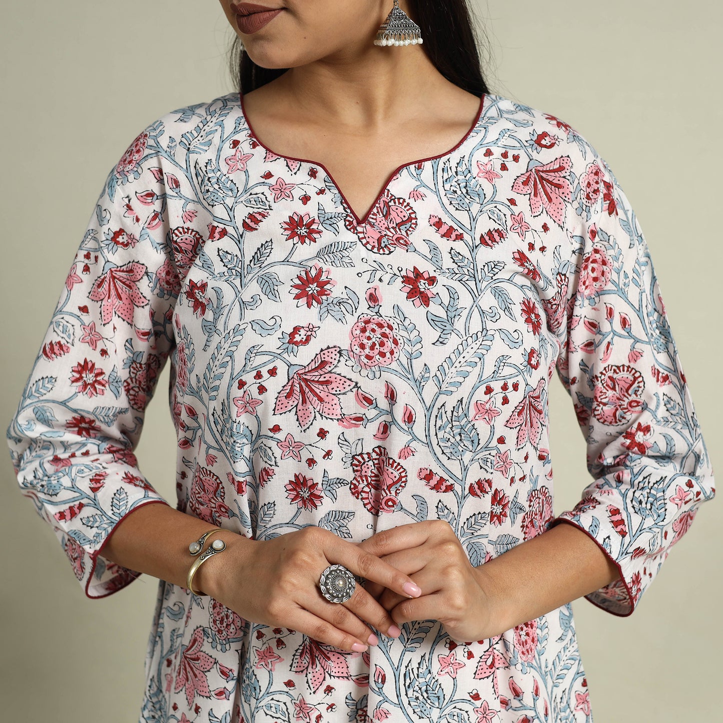 Buy White Block Print Cotton A-Line Sanganeri Kurta for Women
