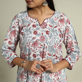 Buy White Block Print Cotton A-Line Sanganeri Kurta for Women