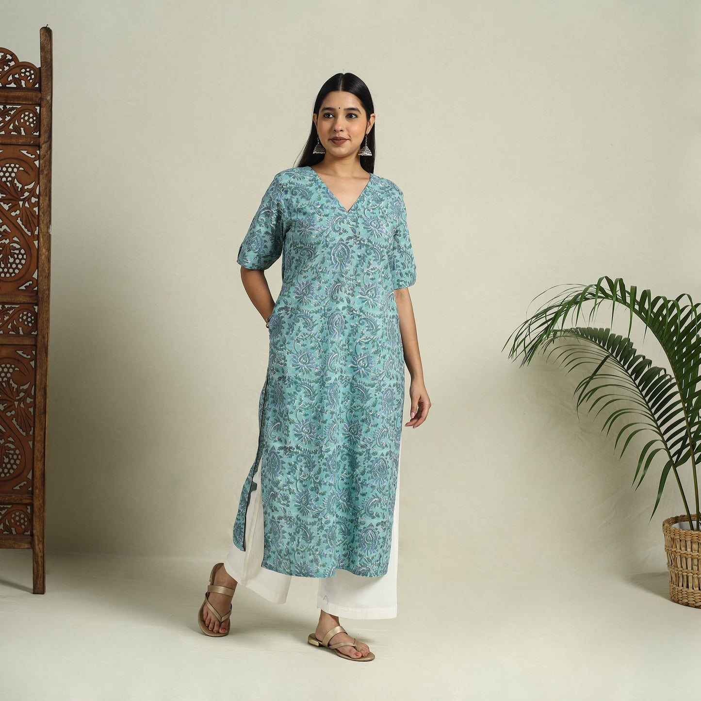 Buy Blue Block Print Cotton Straight Sanganeri Kurta