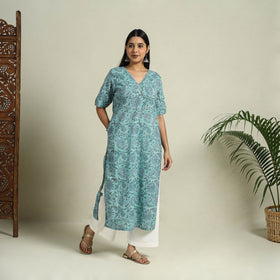 Buy Blue Block Print Cotton Straight Sanganeri Kurta