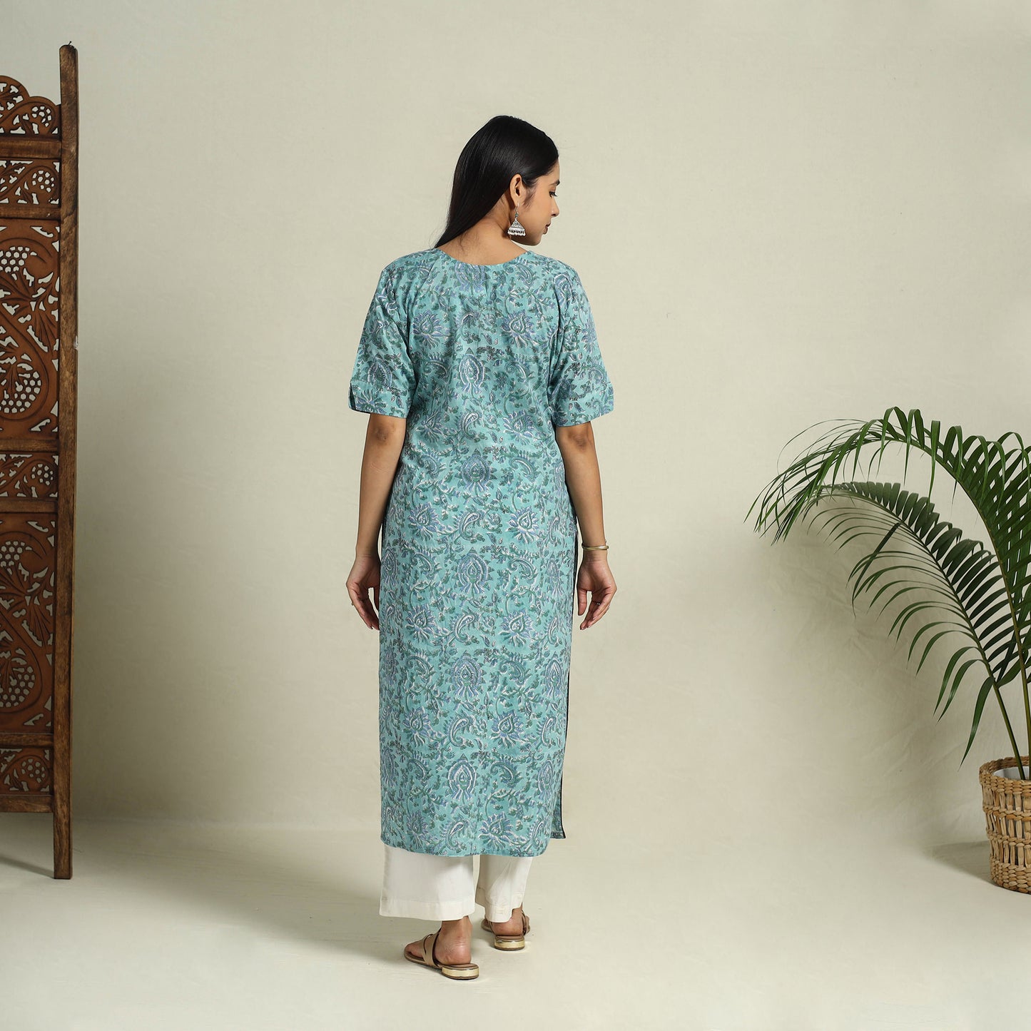 Buy Blue Block Print Cotton Straight Sanganeri Kurta