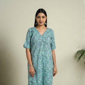 Buy Blue Block Print Cotton Straight Sanganeri Kurta