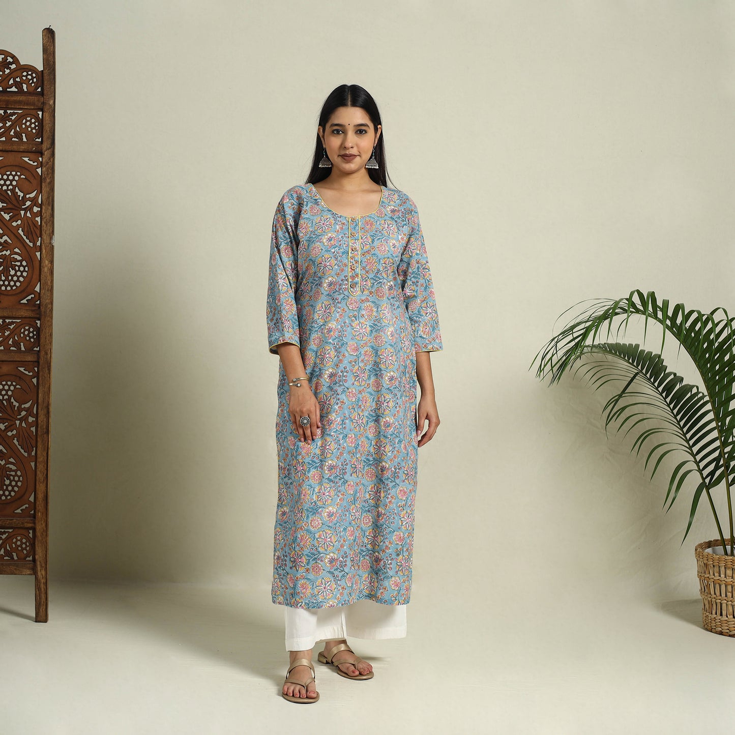 Buy Blue Block Print Cotton Straight Sanganeri Kurta