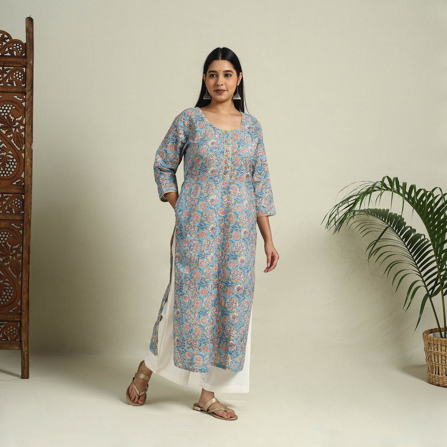 Buy Blue Block Print Cotton Straight Sanganeri Kurta