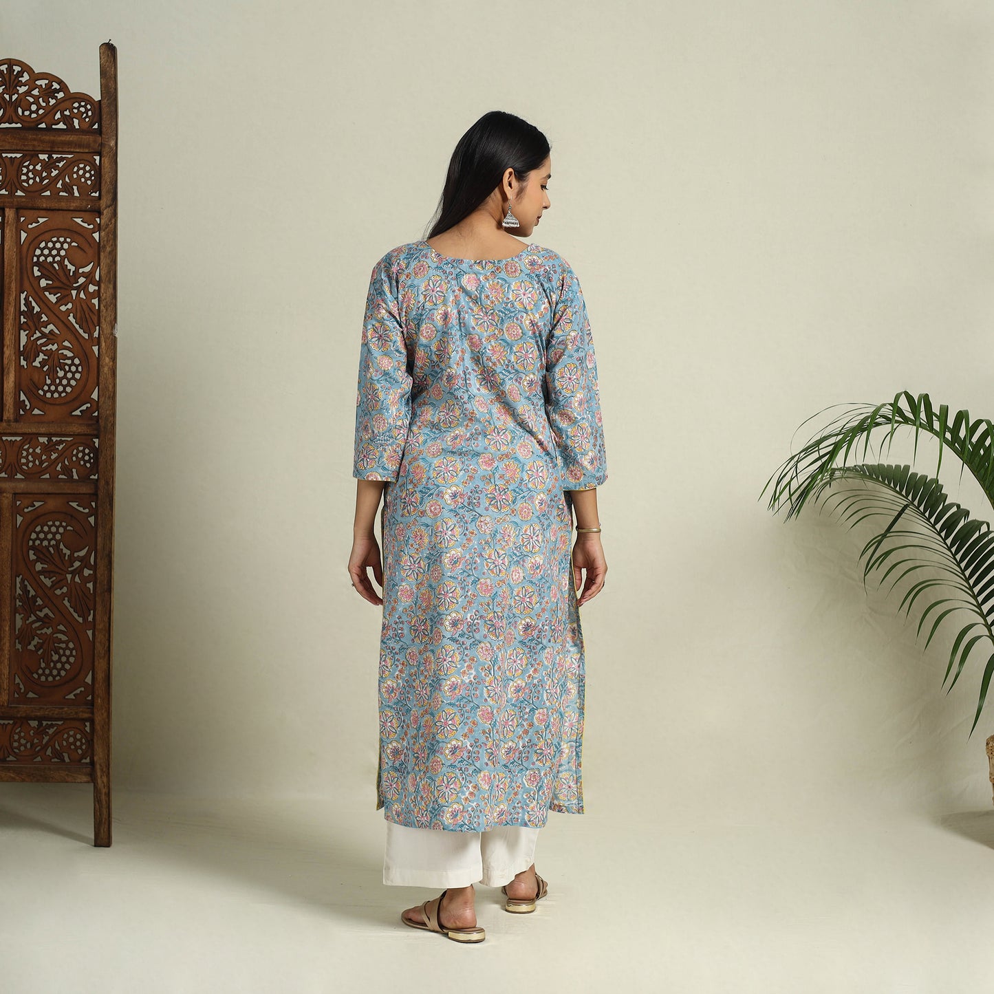 Buy Blue Block Print Cotton Straight Sanganeri Kurta