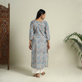 Buy Blue Block Print Cotton Straight Sanganeri Kurta