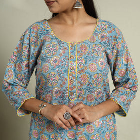 Buy Blue Block Print Cotton Straight Sanganeri Kurta