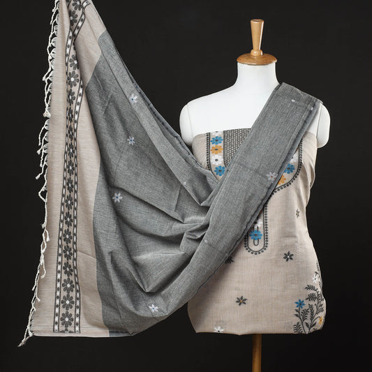 Grey - 3pc Phulia Jacquard Weave Handloom Cotton Suit Material Set
