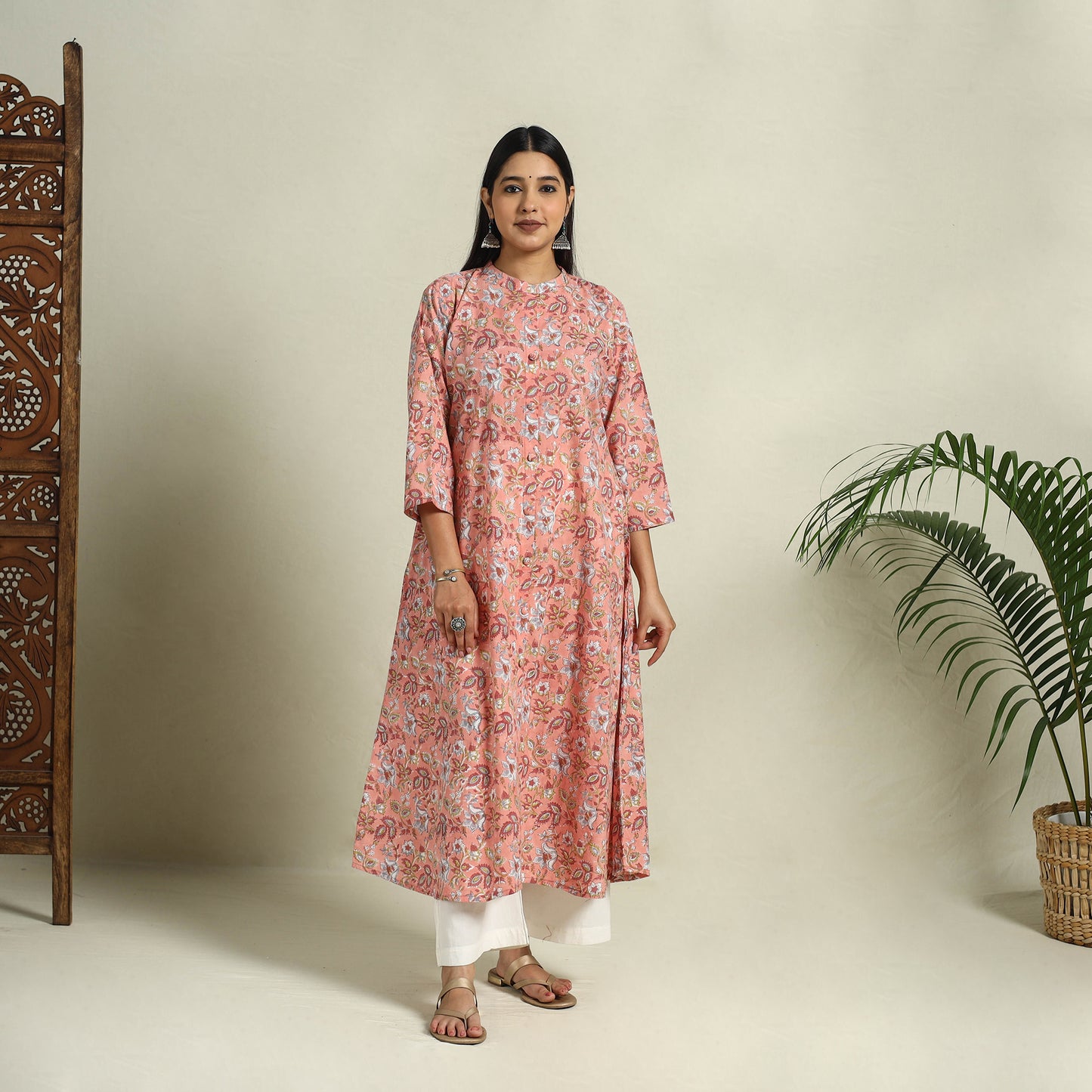 Buy Peach Block Print Cotton A-Line Sanganeri Kurta