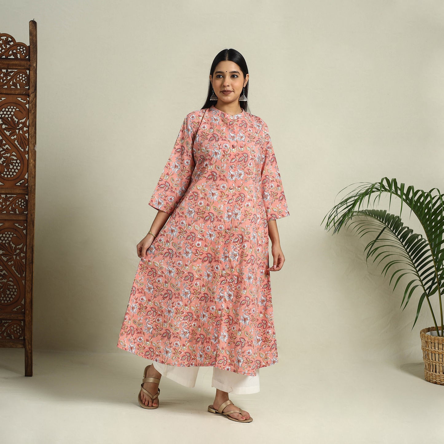 Buy Peach Block Print Cotton A-Line Sanganeri Kurta