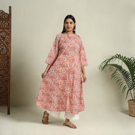 Buy Peach Block Print Cotton A-Line Sanganeri Kurta