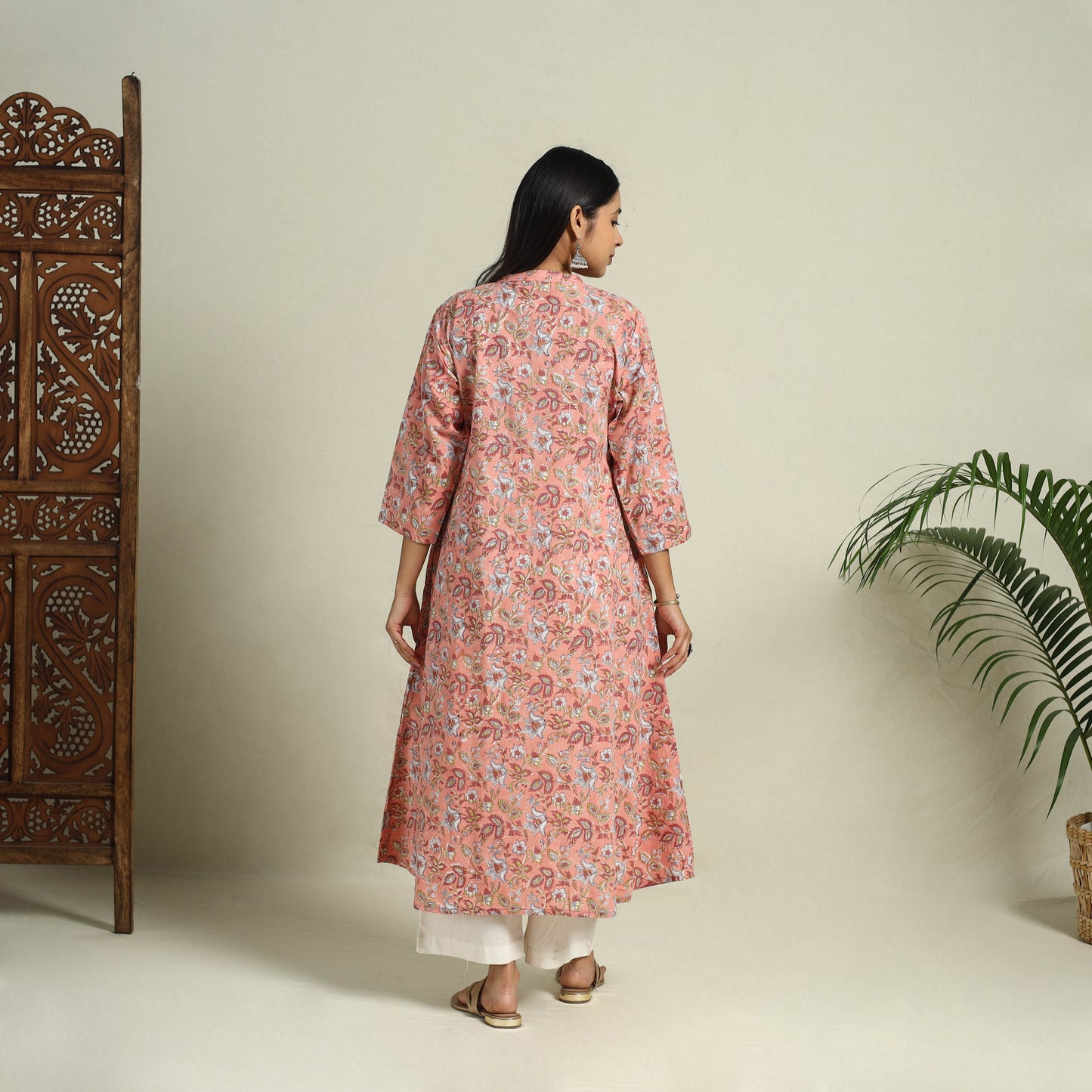 Buy Peach Block Print Cotton A-Line Sanganeri Kurta