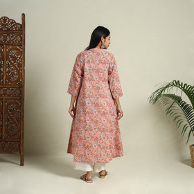 Buy Peach Block Print Cotton A-Line Sanganeri Kurta
