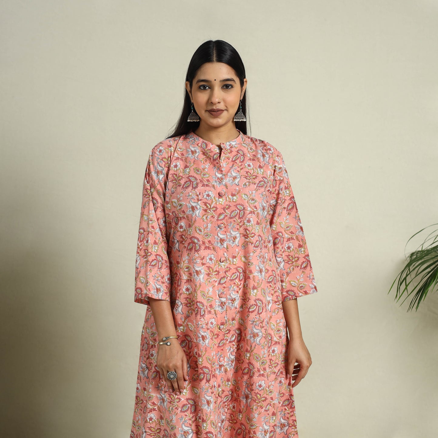 Buy Peach Block Print Cotton A-Line Sanganeri Kurta