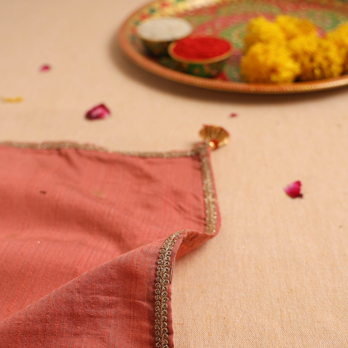 Handcrafted Lace Gota Work Pooja Thali Cover 08