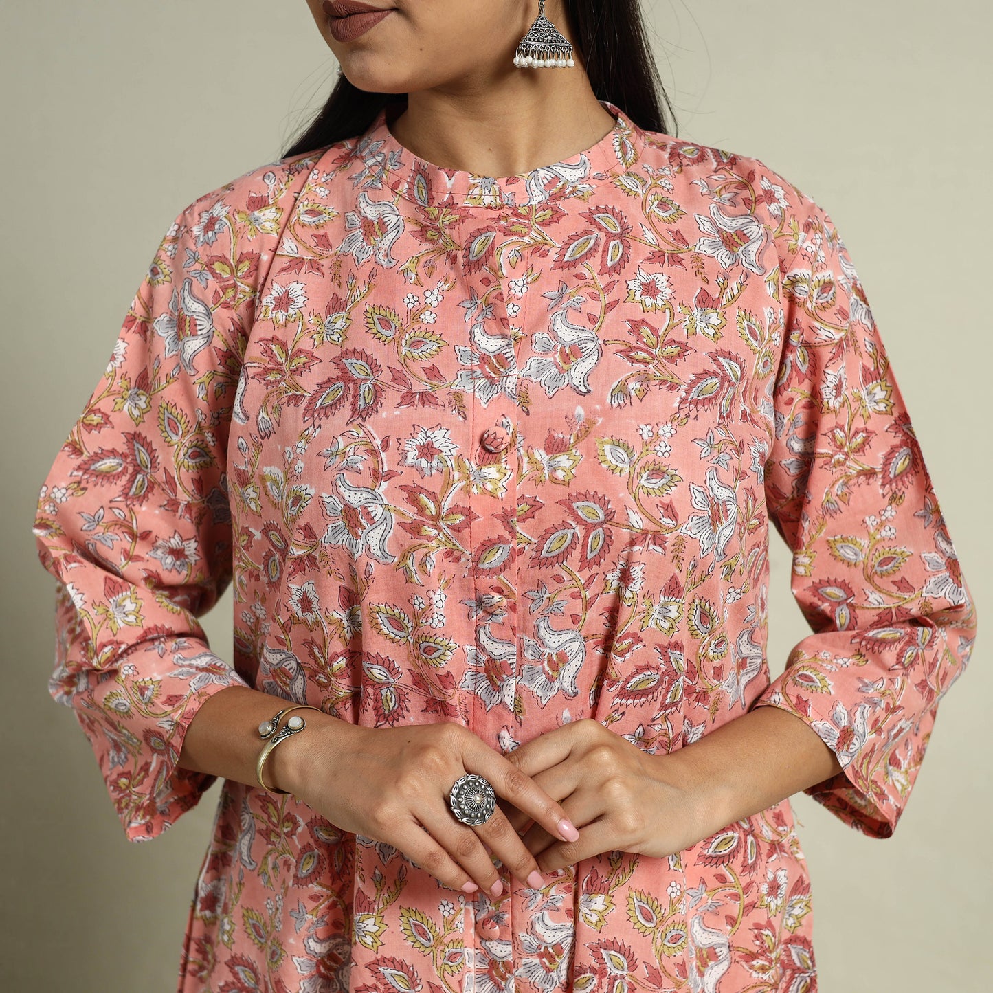 Buy Peach Block Print Cotton A-Line Sanganeri Kurta