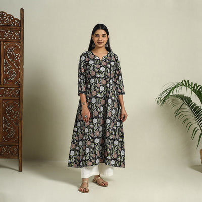 Buy Black Block Print Cotton A-Line Sanganeri Kurta