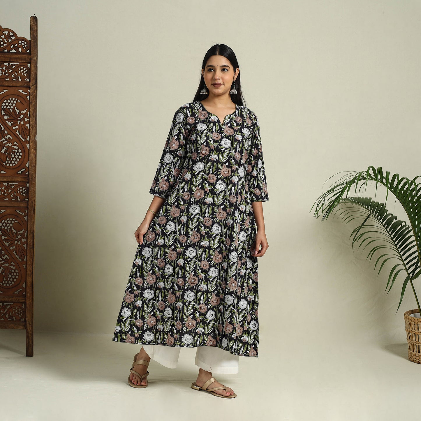 Buy Black Block Print Cotton A-Line Sanganeri Kurta