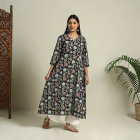 Buy Black Block Print Cotton A-Line Sanganeri Kurta