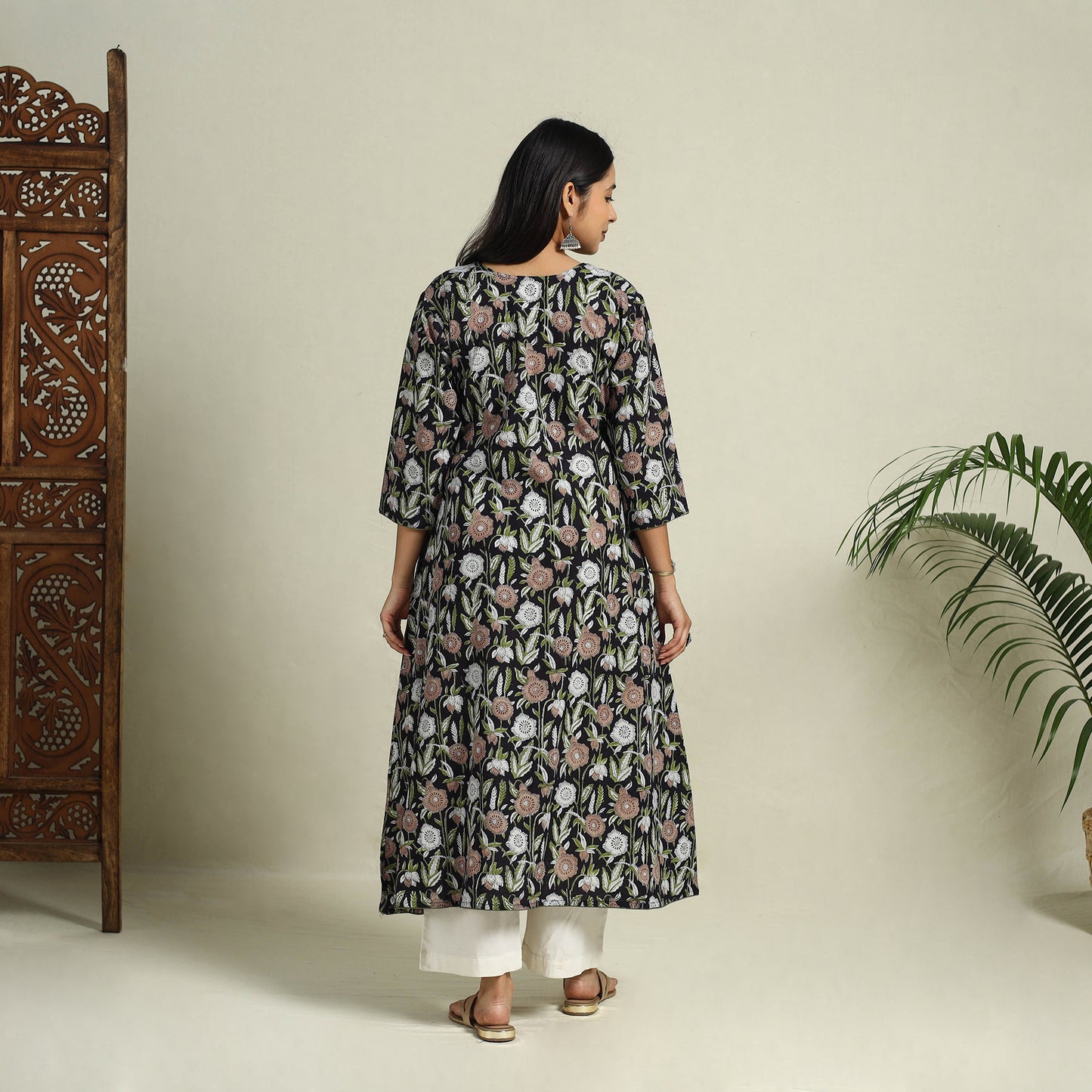 Buy Black Block Print Cotton A-Line Sanganeri Kurta