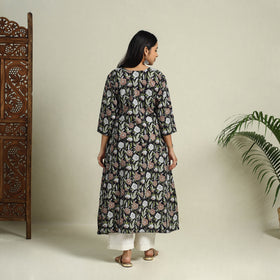 Buy Black Block Print Cotton A-Line Sanganeri Kurta