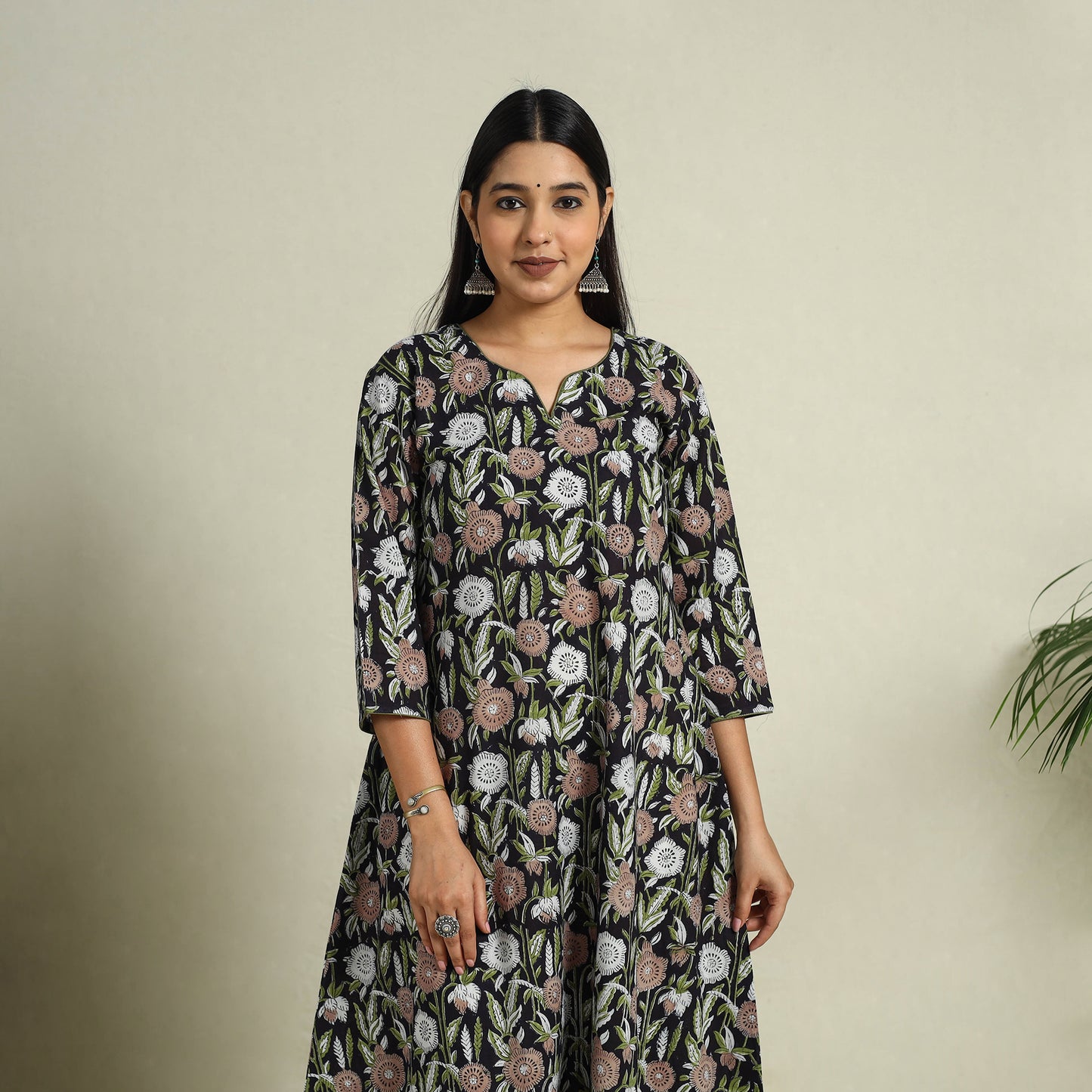 Buy Black Block Print Cotton A-Line Sanganeri Kurta
