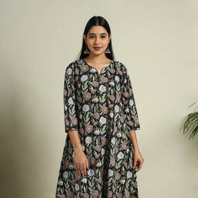 Buy Black Block Print Cotton A-Line Sanganeri Kurta