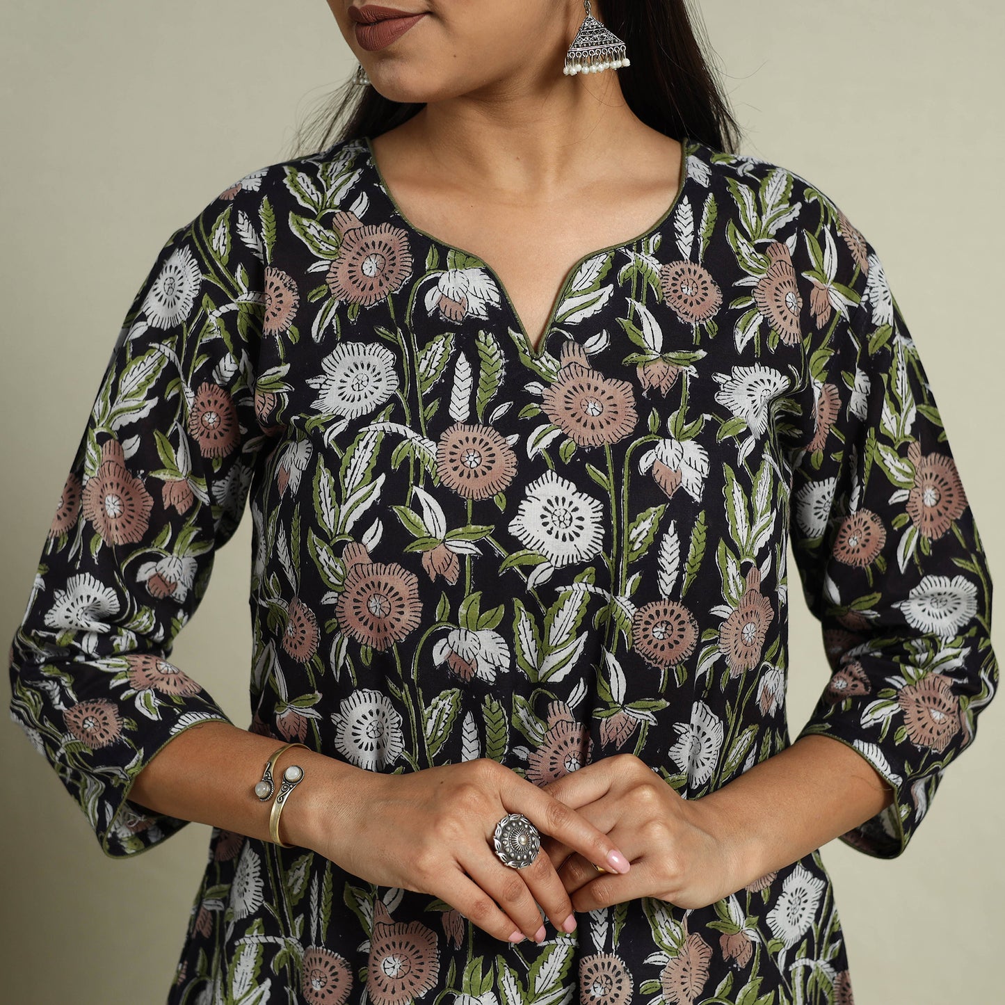 Buy Black Block Print Cotton A-Line Sanganeri Kurta