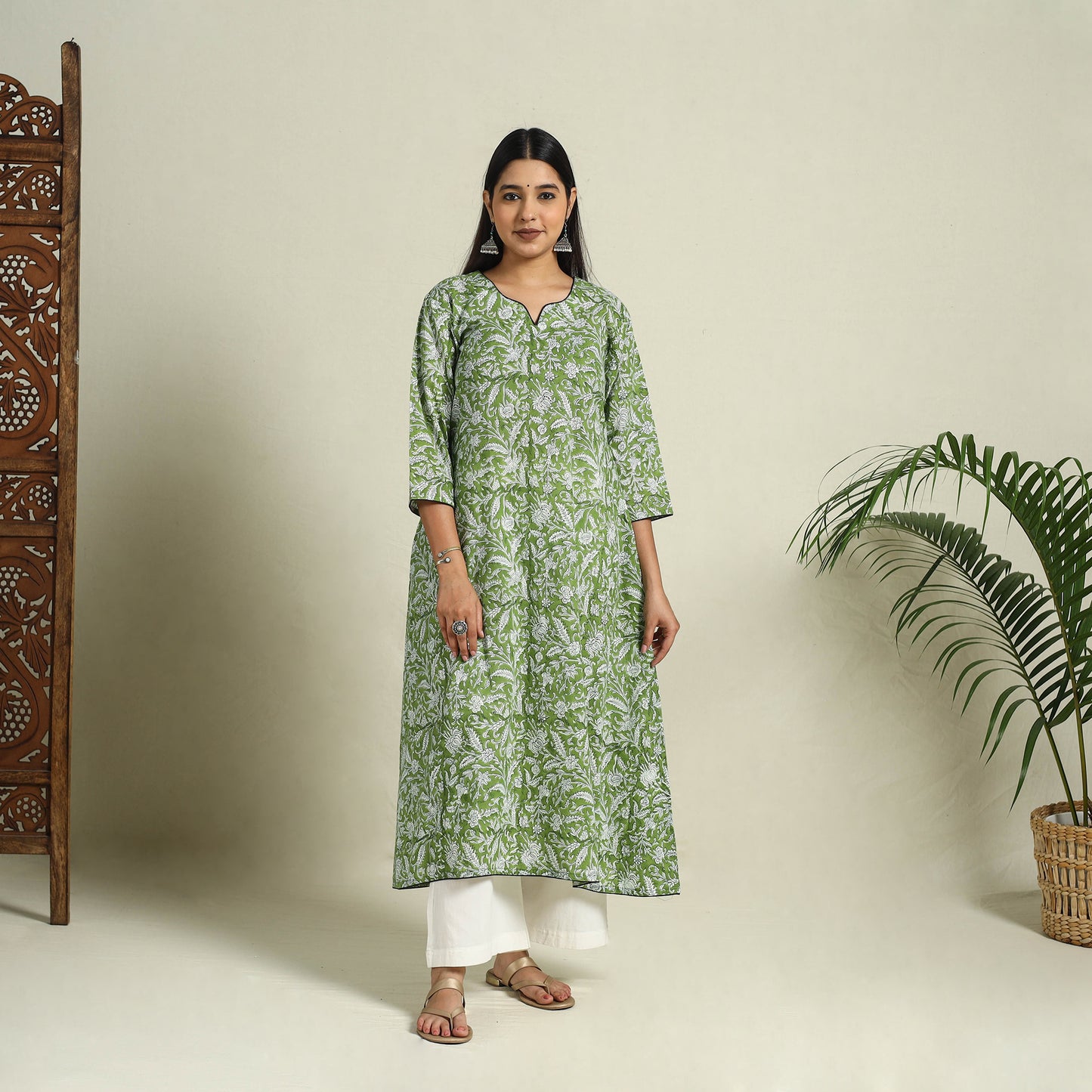Buy Green Block Print Cotton A-Line Sanganeri Kurta