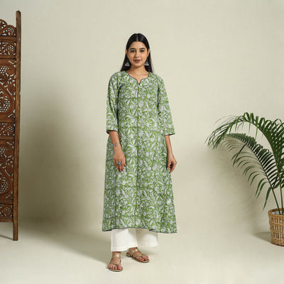 Buy Green Block Print Cotton A-Line Sanganeri Kurta