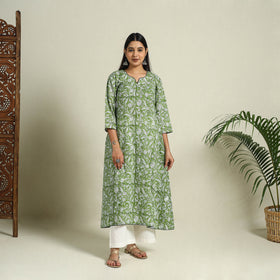 Buy Green Block Print Cotton A-Line Sanganeri Kurta