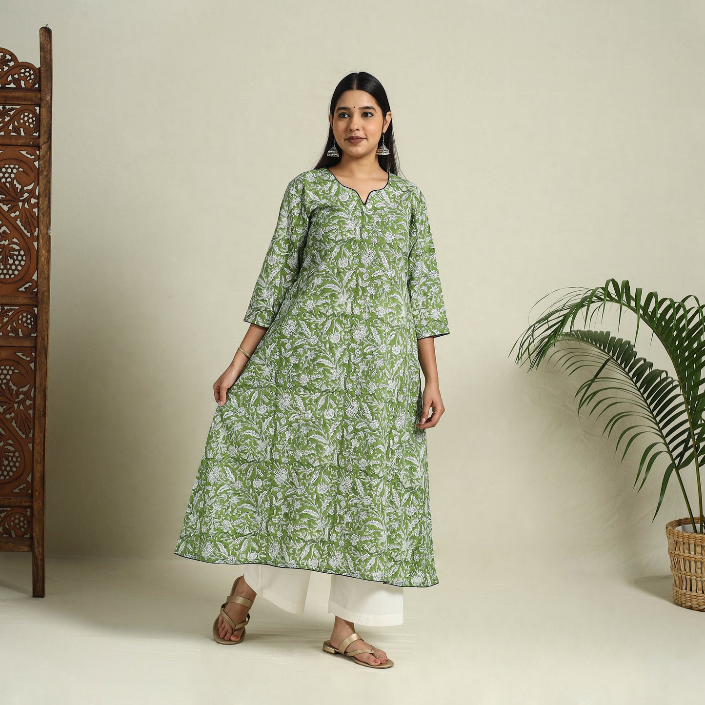Buy Green Block Print Cotton A-Line Sanganeri Kurta