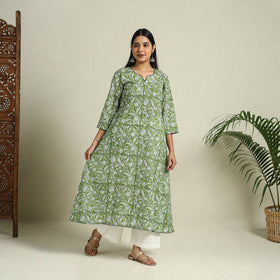 Buy Green Block Print Cotton A-Line Sanganeri Kurta