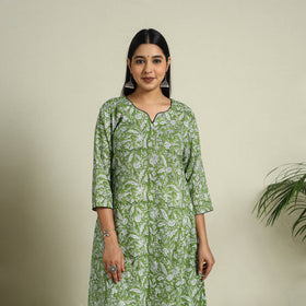 Buy Green Block Print Cotton A-Line Sanganeri Kurta