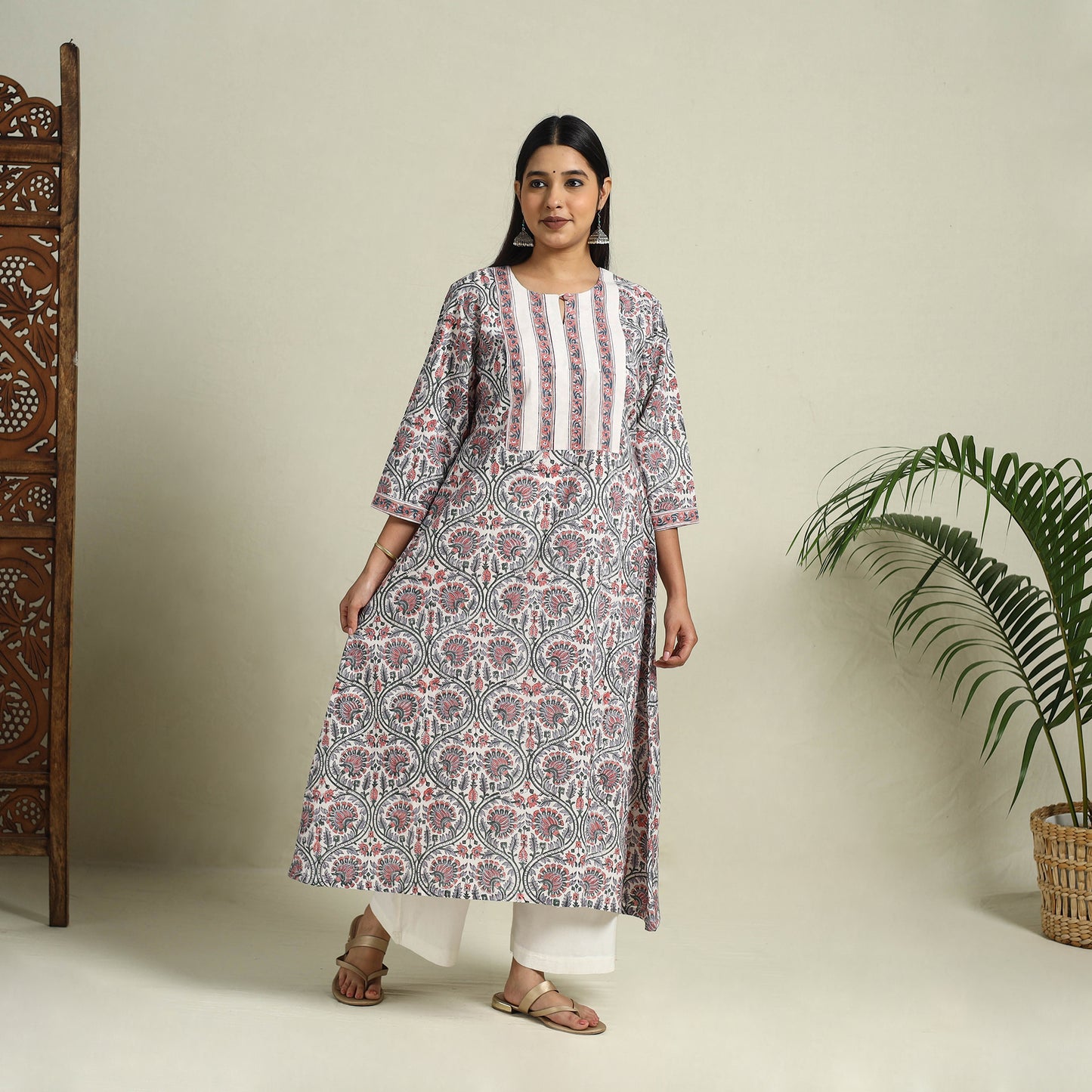Buy Multicolor Block Print Cotton A-Line Sanganeri Kurta