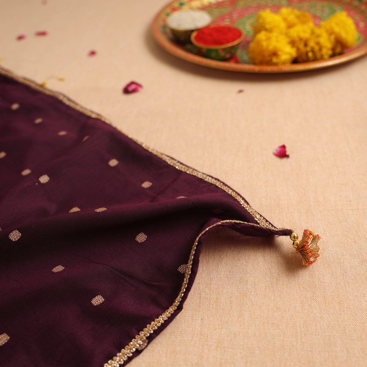 Handcrafted Lace Gota Work Pooja Thali Cover 11