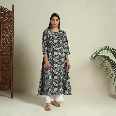 Buy Black Block Print Cotton A-Line Sanganeri Kurta