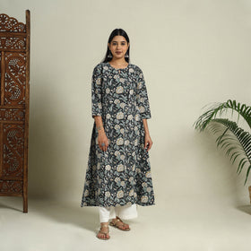 Buy Black Block Print Cotton A-Line Sanganeri Kurta