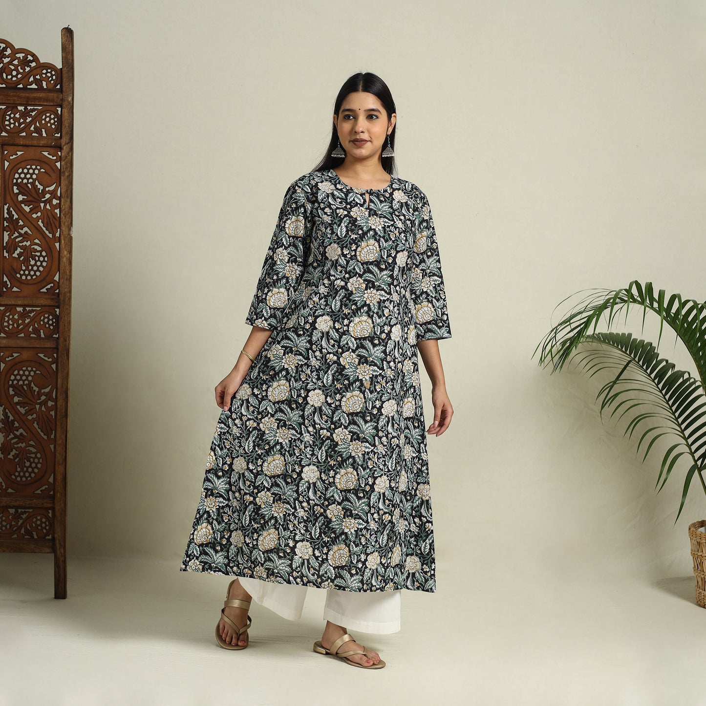 Buy Black Block Print Cotton A-Line Sanganeri Kurta
