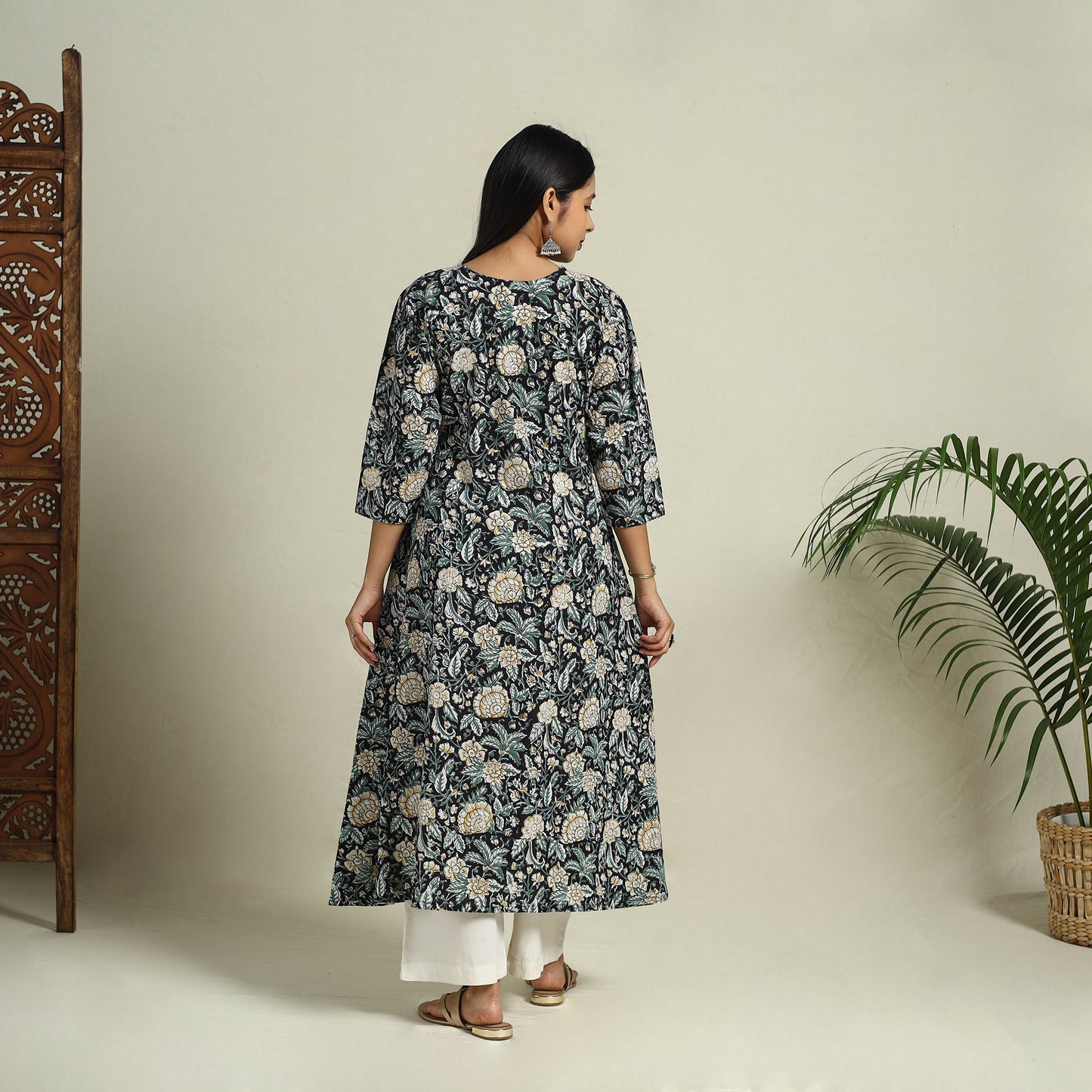Buy Black Block Print Cotton A-Line Sanganeri Kurta