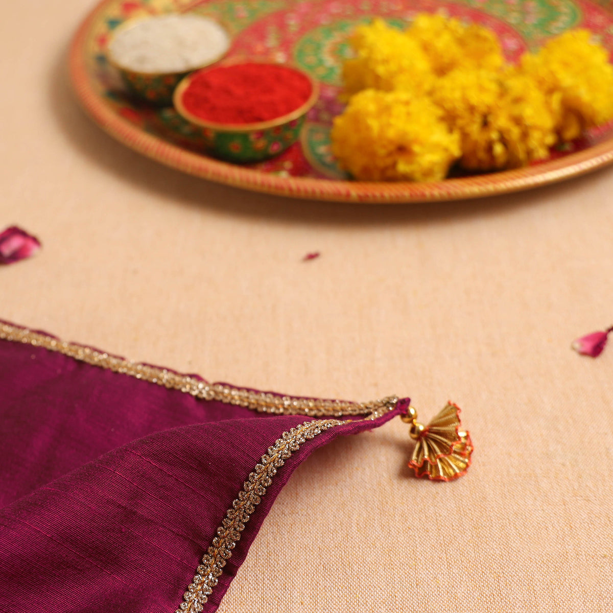 Purple - Handcrafted Lace Gota Work Pooja Thali Cover 17
