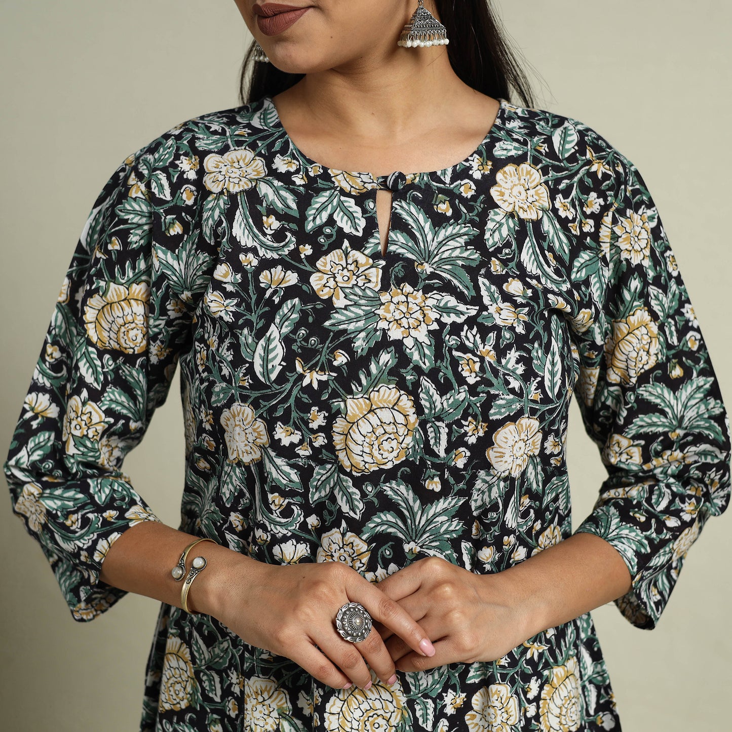 Buy Black Block Print Cotton A-Line Sanganeri Kurta