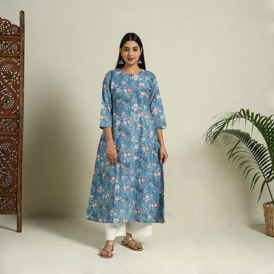Buy Blue Block Print Cotton A-Line Sanganeri Kurta