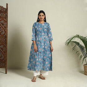 Buy Blue Block Print Cotton A-Line Sanganeri Kurta