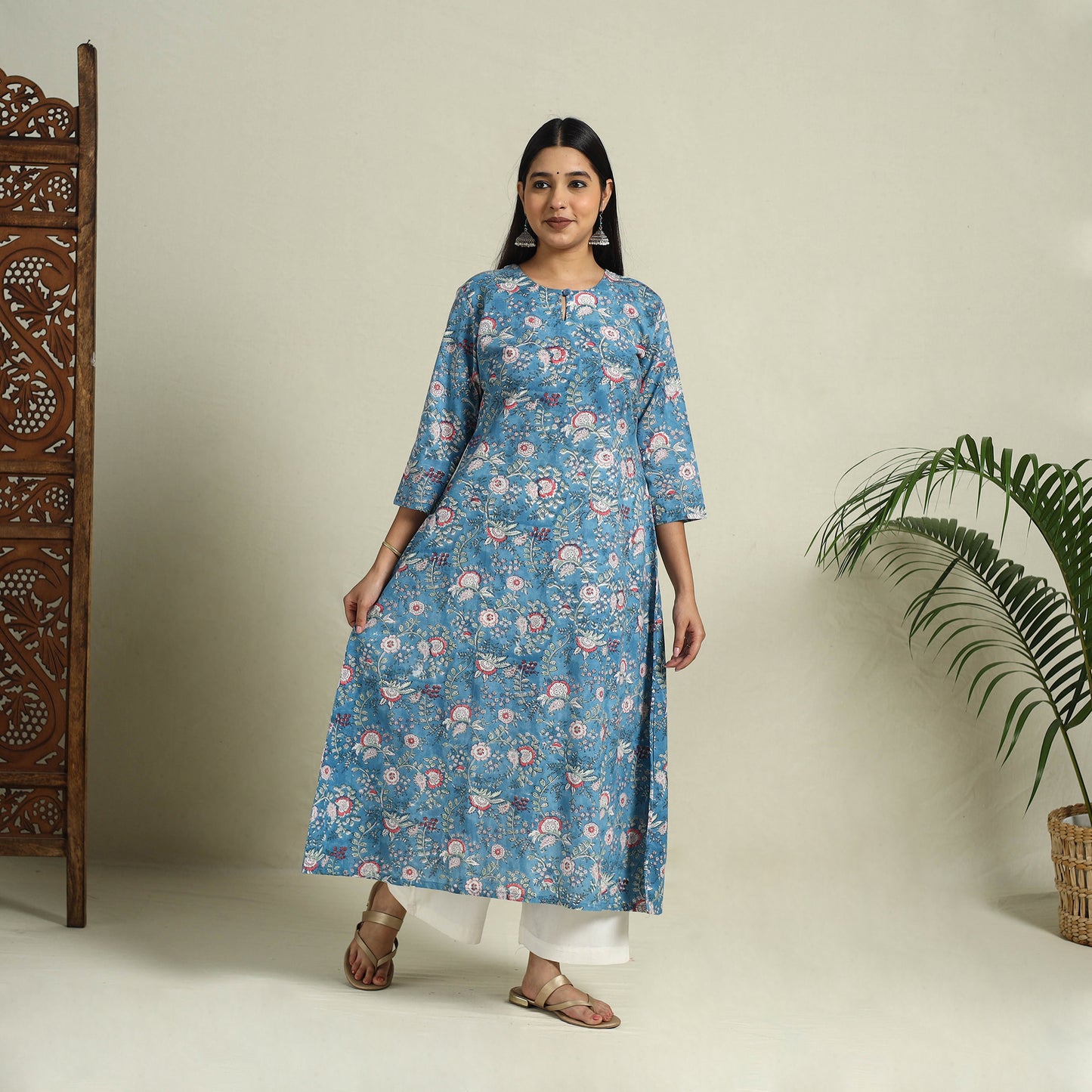 Buy Blue Block Print Cotton A-Line Sanganeri Kurta