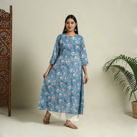 Buy Blue Block Print Cotton A-Line Sanganeri Kurta
